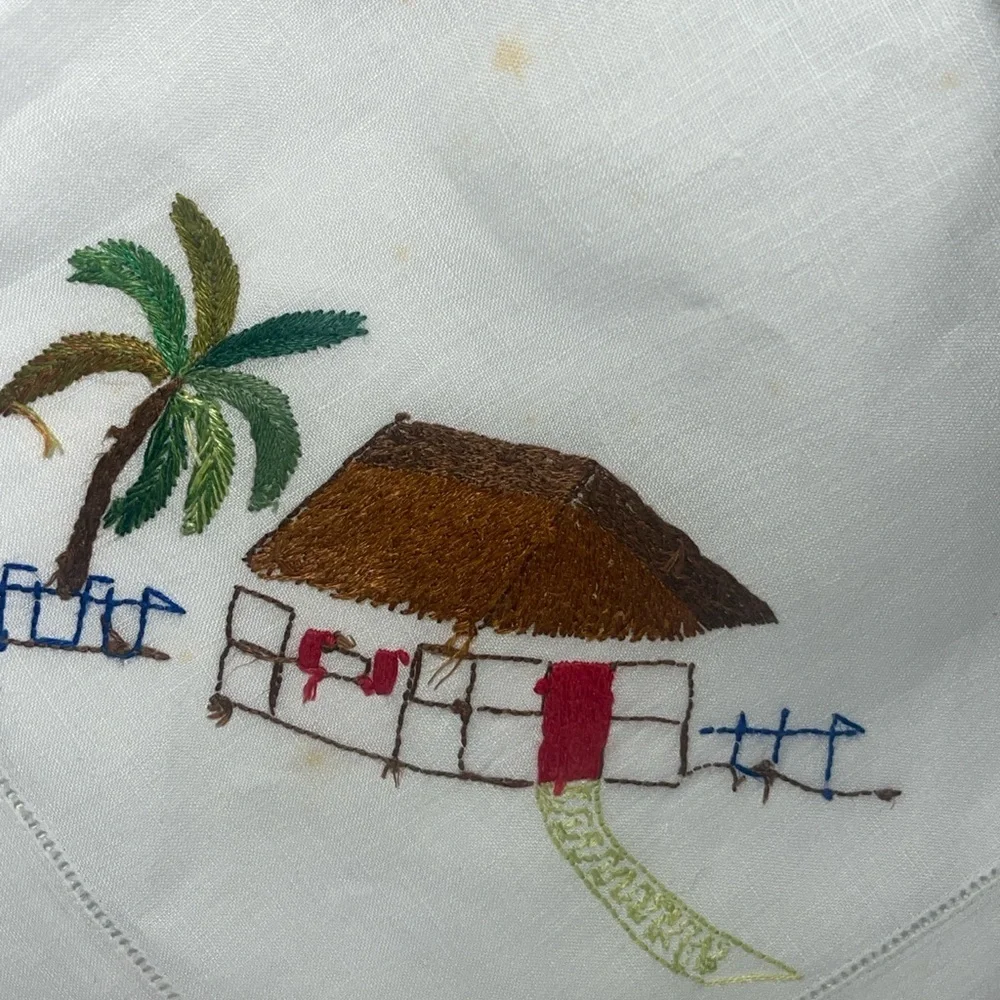 Vintage 50’s or 60’s Tropical Embroidered linen Napkins and 35” Table cloth